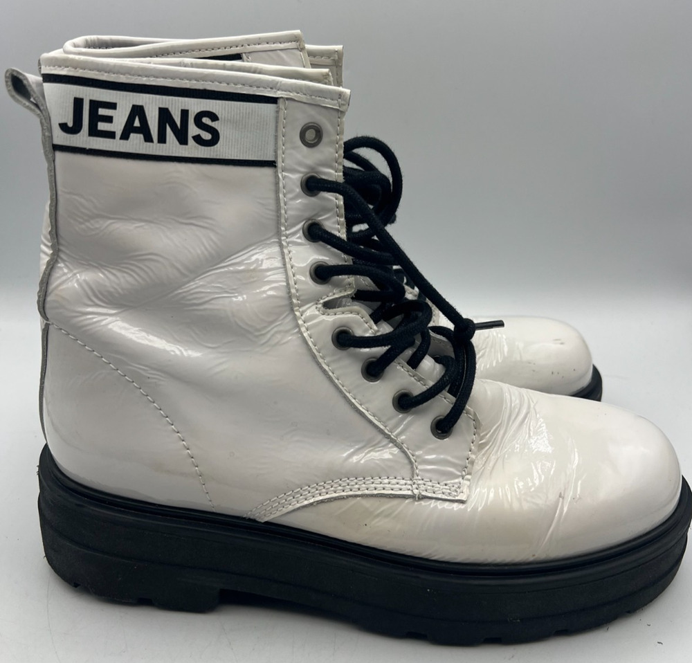 Tommy Hilfiger Jeans Women 9 White Patent Leather Platform Combat Boots EU40